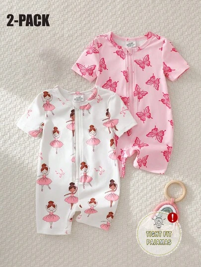 2pcs Baby Girls' White & Light Pink Butterfly Print Romper, Cute Ballet Girl Bow Pattern, Casual Comfortable Soft Elastic Zipper Jumpsuit, Suitable For Summer Sleepwear Or Outerwear