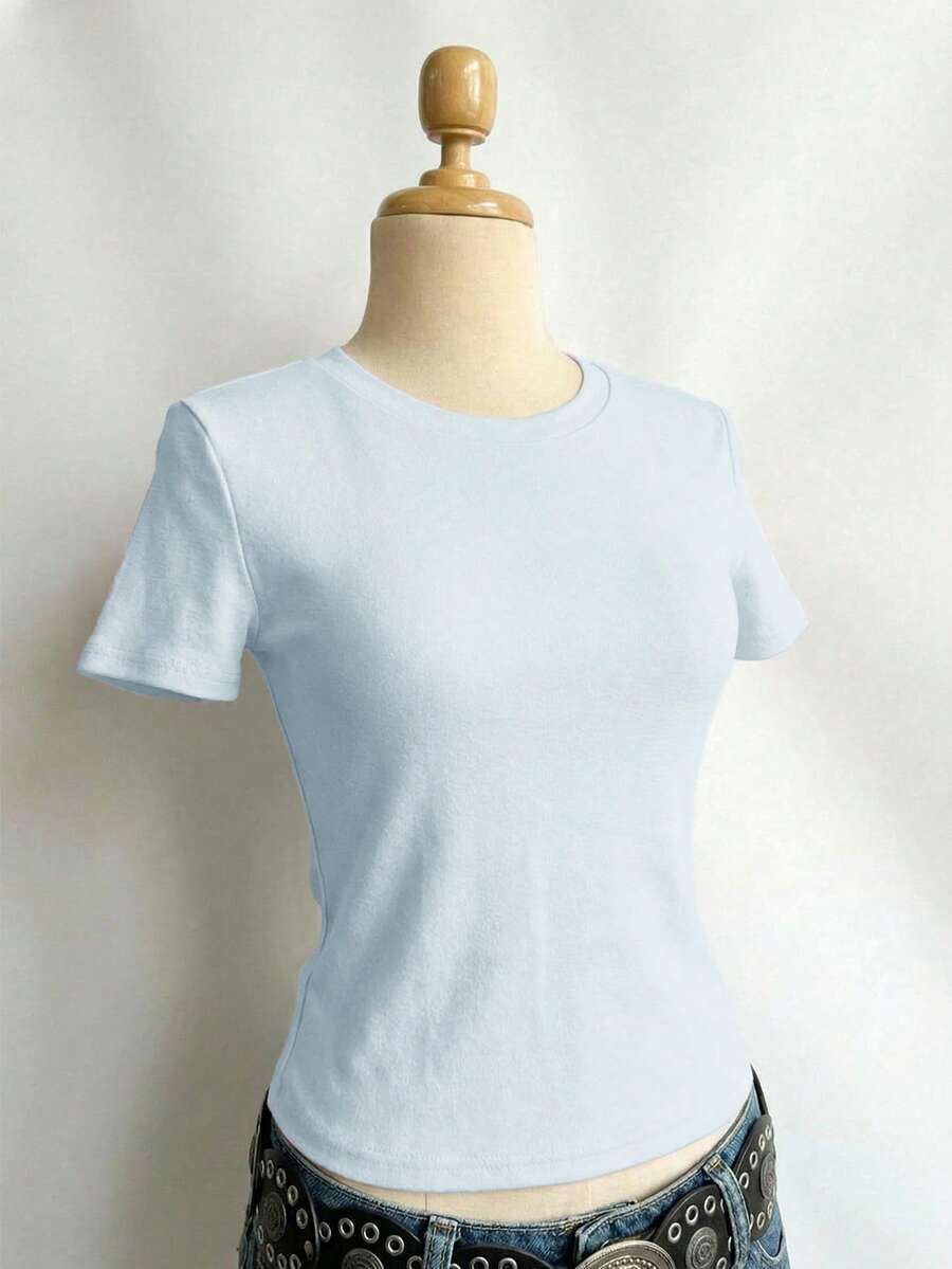 Kaos Anak Perempuan/Remaja Musim Semi/Panas Model Baru Warna Polos Leher Bulat Lengan Pendek Kasual, Atasan Biru - Biru - View 1