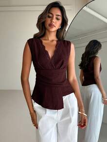 Aloruh New Minimalist Fashion Commuter Lace Patchwork Waist Ruched Asymmetric V-Neck Pullover Blouse - Burgundy - View 8