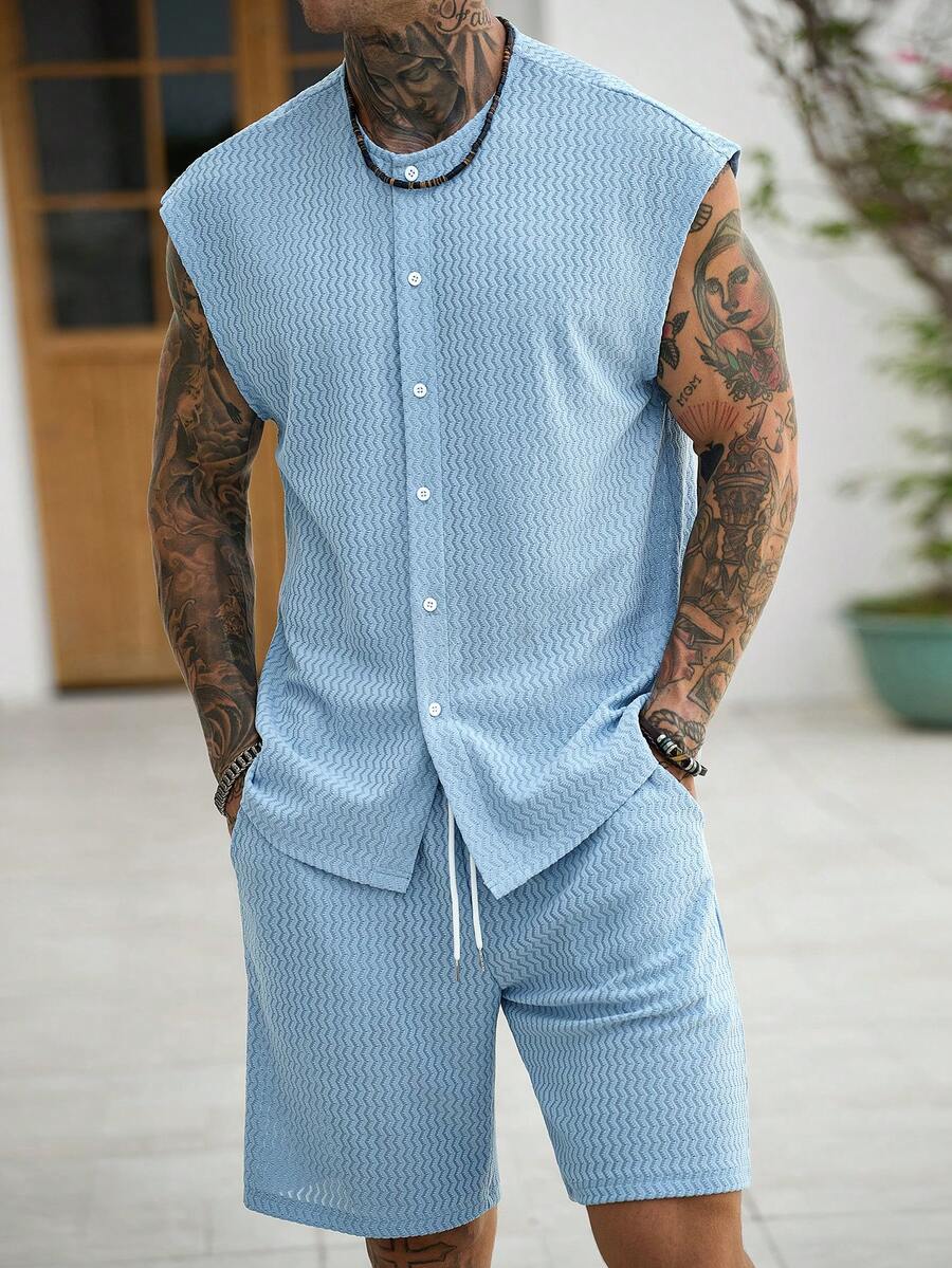 Manfinity CasualCool Bộ đồ nam thường ngày kiểu INS, chất liệu vải phối hợp, thích hợp làm quà tặng cho bạn trai/chồng, quà kỷ niệm, áo không tay dáng rộng. - Màu xanh lam - Xem 1