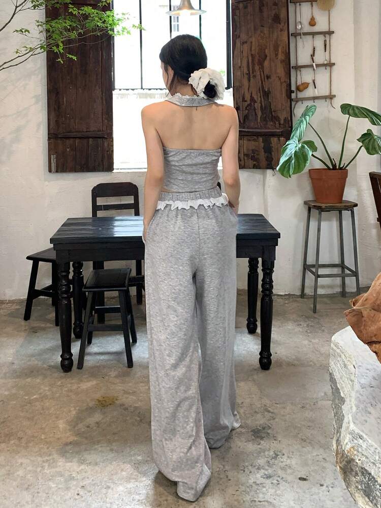2pcs/Set Women's Patchwork Color Block Ruffle Tie Bow Cropped Spaghetti Strap Cami Top And Wide Leg Pants Casual Holiday Summer Outfit
