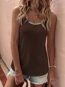 EMERY ROSE Women's Spring/Summer New Arrival Denim Effect Texture Printed U-Neck Casual Versatile Sleeveless Tank Top - Coffee Brown - View 5