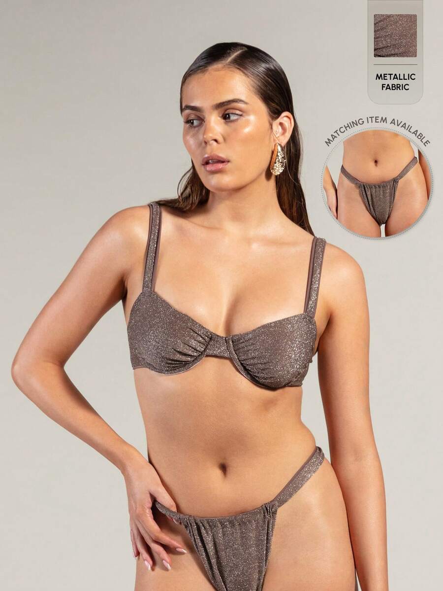 Rouah Top de bikini ajustable con pliegues de color gris plateado metálico para mujer, adecuado para vacaciones de verano, playa y piscina - Bottom a juego disponible - Marrón - Ver 1