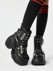ROMWE Grunge Punk Giày sandal cao gót nữ 2026, bốt cao gót siêu nhỏ, bốt cưỡi ngựa nữ mùa xuân và mùa thu, bốt cao gót kiểu tàu hỏa, bốt cổ thấp chống thấm nước bằng da PU màu tối, khóa thắt lưng kiểu Y2K - màu đen - Xem 1