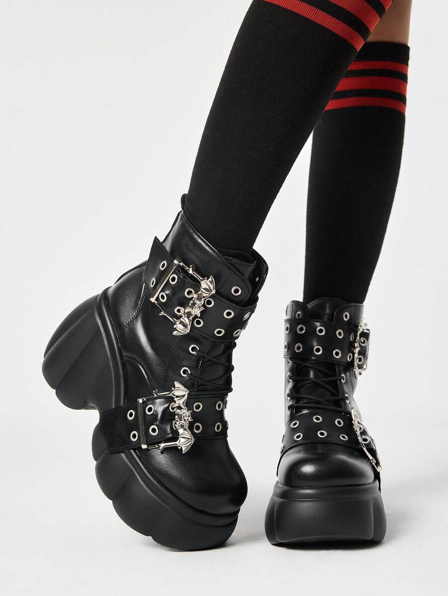 ROMWE Grunge Punk Giày sandal cao gót nữ 2026, bốt cao gót siêu nhỏ, bốt cưỡi ngựa nữ mùa xuân và mùa thu, bốt cao gót kiểu tàu hỏa, bốt cổ thấp chống thấm nước bằng da PU màu tối, khóa thắt lưng kiểu Y2K - màu đen - Xem 1