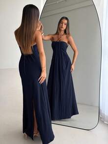 Aloruh Women's Ruched Halter Neck Casual Party Long Dress,Dresses For Women Summer - Navy Blue - View 2