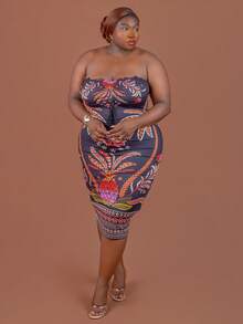 CurvyTilda Vestido tomara que caia preto com estampa floral tropical para mulheres plus size, com cordão ajustável na altura do joelho. Vestido midi de malha elástica, ideal para cruzeiros, jantares, festas de Natal e Ano Novo. Perfeito para a praia. Vestido elegante e estiloso com estampa floral preta, ideal para o corpo ampulheta. - Preto - Ver 4