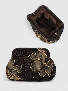 SHECARRY 1件度假風彩色亮片花朵扣飾餃子包，熱帶海灘手拿包，春夏草編包，時尚鏈條斜挎女包 - 棕色 - 查看 4