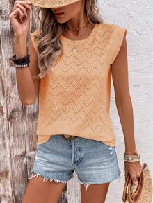 EMERY ROSE Summer Casual Boho Solid Color Textured Wide Shoulder T-Shirt Vacation Burnt Orange - Orange - View 4