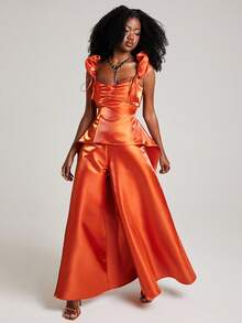 NYA SZN Matching Set Balloon Sleeve Wide Leg Trouser - Orange - View 3