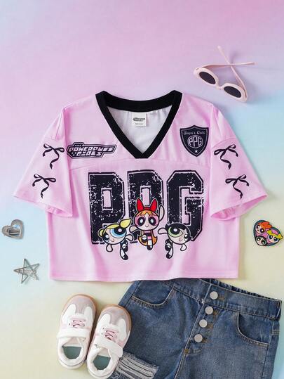 THE POWERPUFF GIRLS X SHEIN 少女V领短袖休闲百搭T恤 -