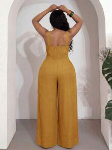 Veslaya Plus Size Women's Mustard Yellow V-Neck Sleeveless Wide Leg Jumpsuit,Summer Smart Casual Party Elegant For Music Festivals,Vacations,Beach,Weddings - Yellow - View 3