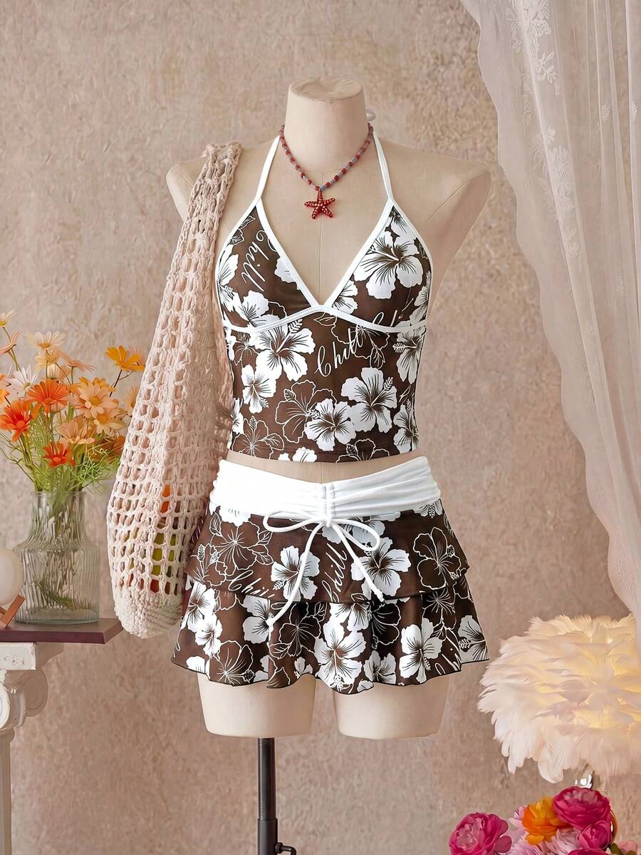 Bellisia 女士春夏沙滩音乐节印花撞色裹身系带荷叶边下摆半身裙三件套 - 彩色 - 查看 1