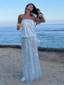 Opulessa Beaded Strapless Dress For Women - Baby Blue - View 7