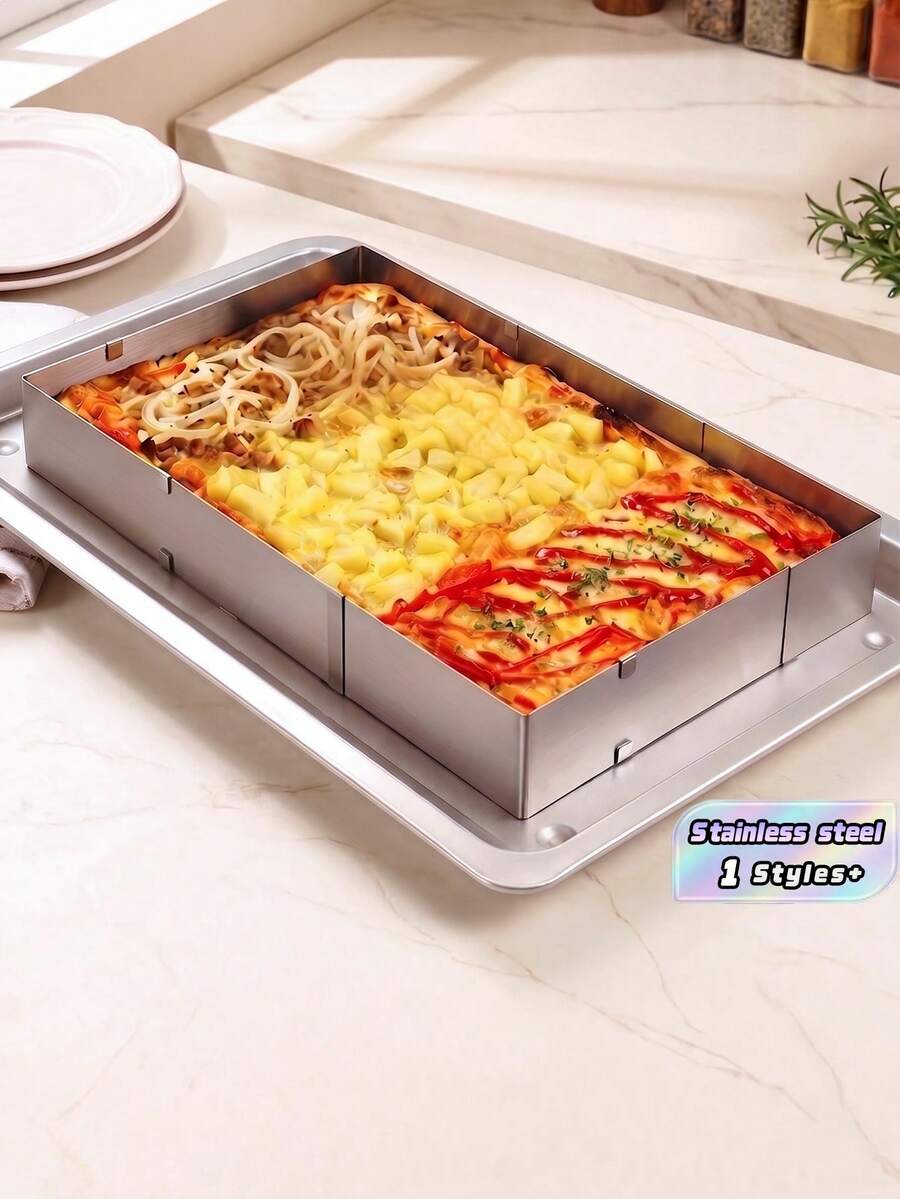 1 pieza Molde rectangular ajustable de acero inoxidable flexible y expandible de 11 a 21 pulgadas, adecuado para tartas de cumpleaños, tiramisú, pan, repostería - Herramienta de hornear - Plateado - Ver 1
