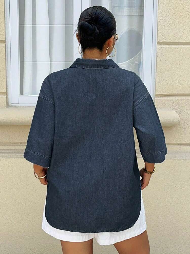 Dazy Plus New Arrival Women Plus Size Loose Casual Raw Denim Short Sleeve Denim Top