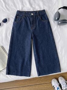 SHEIN Genkimix Kids Pantalones cortos vaqueros casuales de ajuste holgado para niñas preadolescentes, de algodón suave, de moda, versátiles, relajados, minimalistas, con cintura elástica, diseño clásico de 5 bolsillos, bajo deshilachado, ajuste relajado, azul oscuro clásico, adecuados para uso diario y vacaciones - Azul lavado oscuro - Ver 3