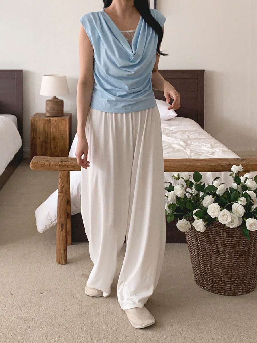 Livesso 女士深V领上衣和裤子睡衣套装 - 藍色 - 查看 1