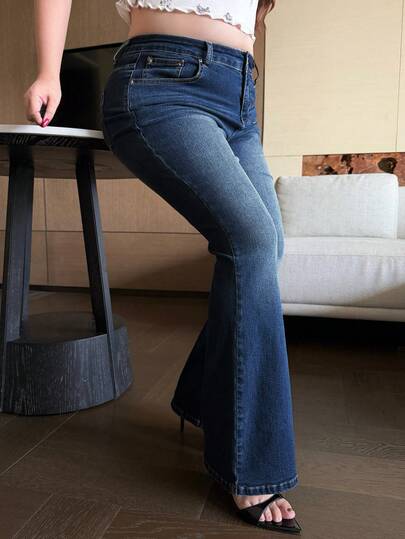 Dazy Plus Stretchy Fitted Washed Blue Flare Jeans, Versatile All-Season Plus Size Women Cowgirl Pants, Spring/Summer