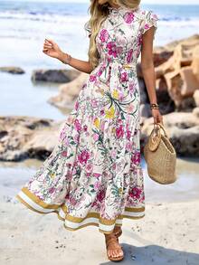 Comfylo Plus Size Minimalist Colorful Floral Print Short Sleeve Dress Holiday Holiday Vacation White Floral Summer Boho - Multicolor - View 1