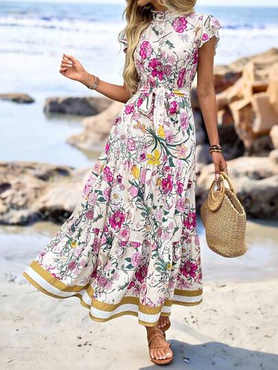 Comfylo Plus Size Minimalist Colorful Floral Print Short Sleeve Dress