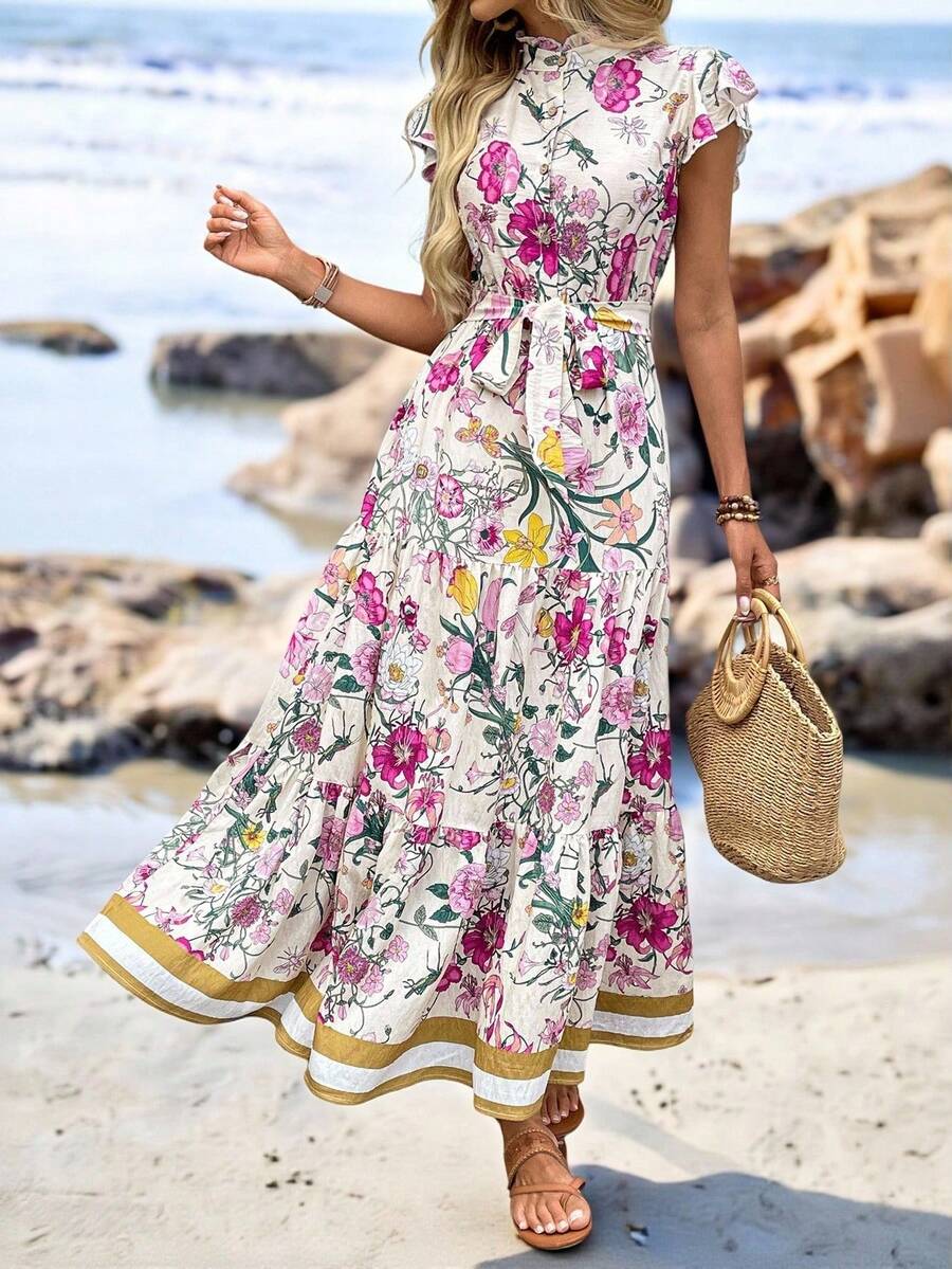 Comfylo Plus Size Minimalist Colorful Floral Print Short Sleeve Dress Holiday Holiday Vacation White Floral Summer Boho - Multicolor - View 1