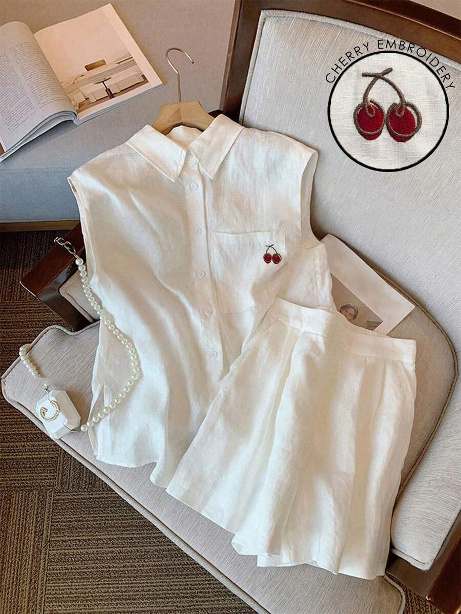 Franclia 女士夏季休闲无袖衬衫和短裤两件套 - 白色 - 查看 1
