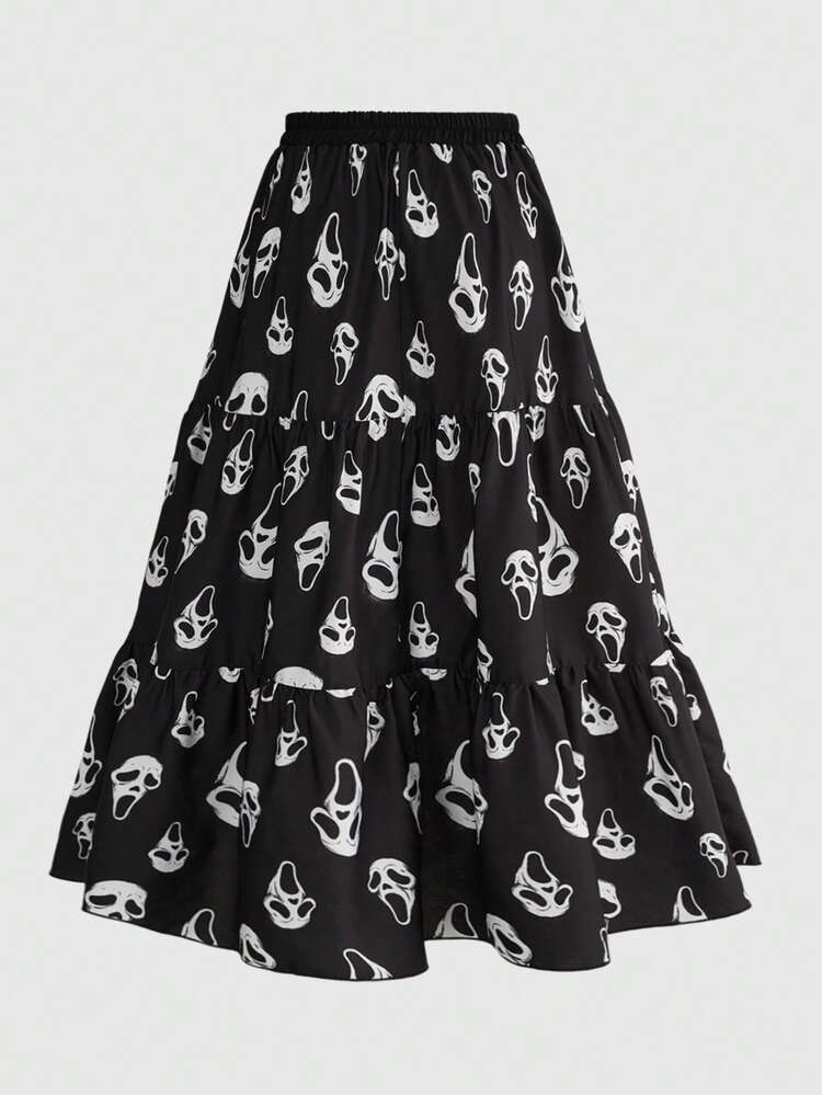 ROMWE Fairycore Outdoor Vacay Beach Outfits Summer Outfits Plus Size Women Gothic Horror Mask Full Print Twist Neck Top And Tiered Hem Skirt 2 Pieces Set - Black - View 14