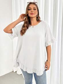 SHEIN Essnce 大码女装春夏时尚休闲宽松舒适清爽日常显瘦荷叶边短袖黑色衬衫，曲线可爱上衣，女士衬衫，夏季穿搭，外出上衣，欧洲夏季，简约风格 - 白色 - 查看 6