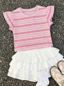 Coolane Kids Áo thun trắng trơn viền bèo nhún phong cách đường phố mùa hè cho bé gái tuổi teen - Hồng - Xem 1