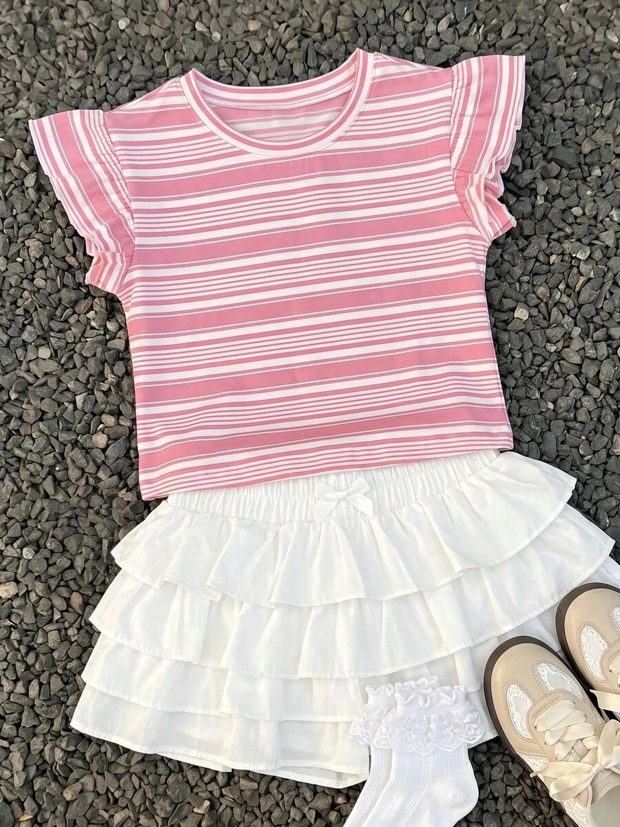 Coolane Kids Áo thun trắng trơn viền bèo nhún phong cách đường phố mùa hè cho bé gái tuổi teen - Hồng - Xem 1