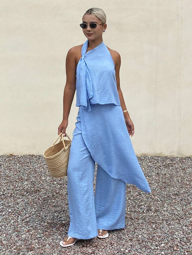 2pcs/Set Backless Halter Top And Wrap Pants