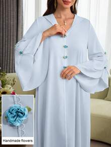 Al Najma Layered Floral Jacquard Hooded Cape With Ruffled Hem And Puff Sleeves, Elegant Robe - Blue - View 2