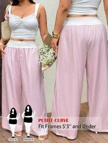 SHEIN PETITE CURVE 加大码条纹拼接收腰裤，带侧袋，适合所有季节穿着 - 彩色 - 查看 1