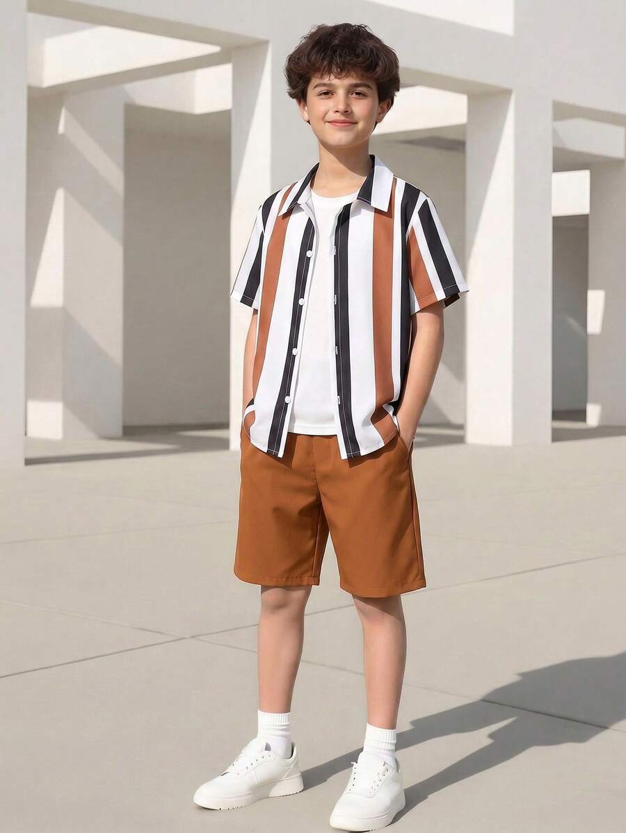 SHEIN Vacaura 2pcs/Set Toddler Boys' Colorblock Short Sleeve Top And Solid Shorts Set - Brown - View 1