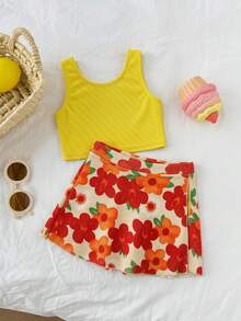 Dazy Kids Dopamine Floral Print Tankini Swimwear For Young Girl Vacation Summer - Yellow - View 2