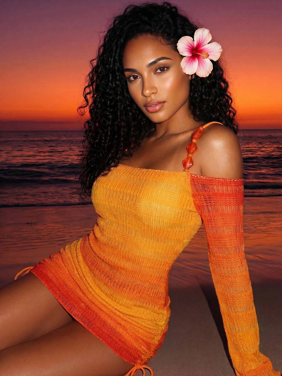 Zestiva Couvre-tout tricoté dégradé pour femmes, robe de plage dos nu à manches longues sexy pour les vacances de printemps/été - Orange - Voir 1