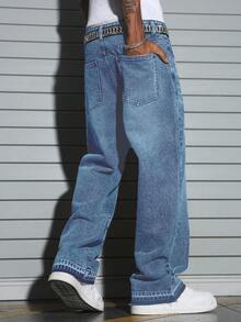 Manfinity EMRG Men's Casual Commuter Pants, Loose Straight Wide Leg Cement Gray Washed Design - Light Wash - View 2