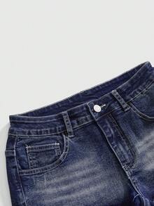 ROMWE Quần short denim cạp thấp thêu hình bọ rùa và quả táo vui nhộn thời Y2K - Màu xanh hải quân - Xem 3