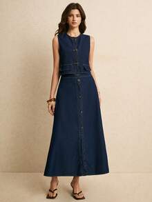 Poéselle Bộ áo vest và chân váy denim không tay cài cúc đơn dành cho nữ, thích hợp mặc hàng ngày đi làm, mùa xuân/hè. - Rửa trung bình - Xem 4