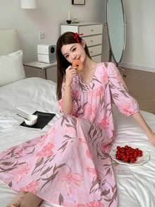 DAZY 花卉印花寬鬆女款睡袍，夏季睡衣 - 粉色 - 查看 5