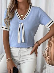 EMERY ROSE Women's Striped V-Neck Short Sleeve Casual Knit Top - Baby Blue - View 3