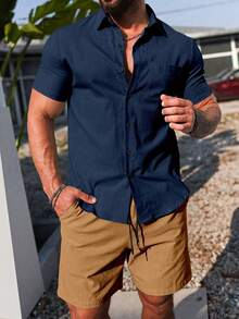 Manfinity Homme Conjunto de camisa de manga corta con botones y pantalones cortos de unicolor casual de verano para hombres - Multicolor - Ver 6