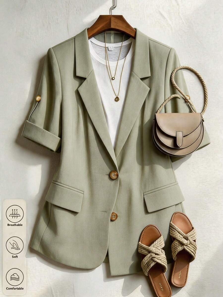 SHEIN 女士纯色亚麻西装外套,柔软舒适,适合春、夏、秋季穿着。 - 薄荷綠 - 查看 1
