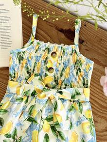 SHEIN Bộ áo liền quần dáng rộng in hình chanh cho bé gái đi nghỉ mát - Nhiều màu - Xem 3