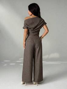 SHEIN PETITE 女款夏季新品簡約優雅日常休閒亞麻通勤寬領露肩上衣與寬腿褲套裝，棕色兩件套，適合嬌小女性 - 咖啡棕 - 查看 3
