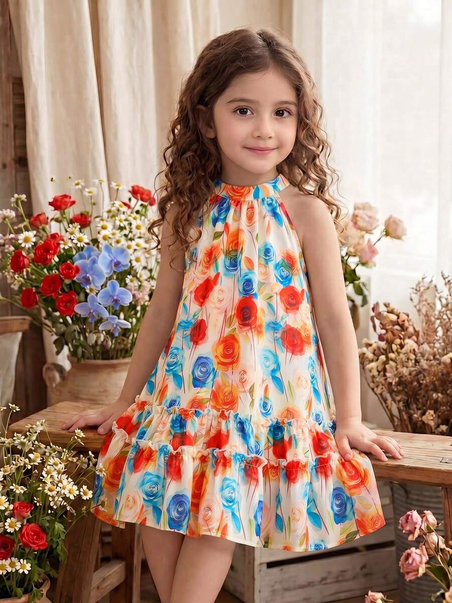 SHEIN Đầm dự tiệc thường ngày in hoa cho bé gái, cổ bèo nhún. - Nhiều màu - Xem 1
