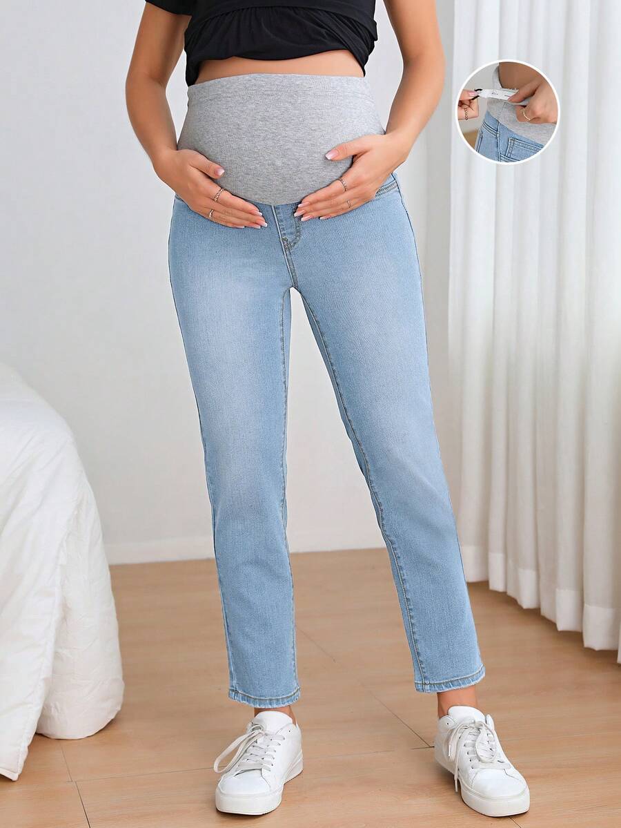 SHEIN Celana Jeans Kasual Polos untuk Ibu Hamil - Light Wash - View 1