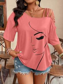 Weeklong Plus Size Asymmetric Strap Portrait Print Short Sleeve T-Shirt - Burnt Orange - View 1