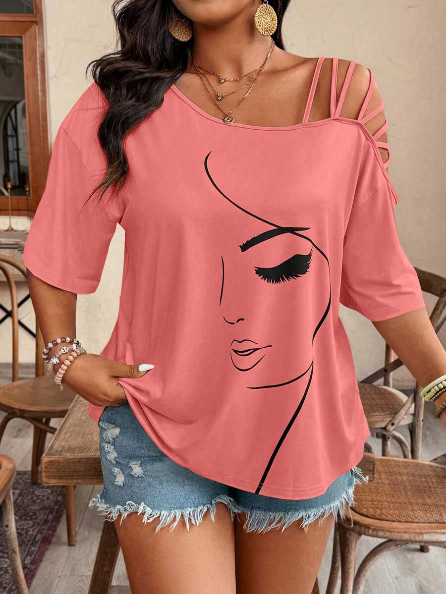 Weeklong Plus Size Asymmetric Strap Portrait Print Short Sleeve T-Shirt - Burnt Orange - View 1